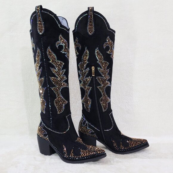 Sparks Country Western Cowgirl Knee Boots Dazzleing Iridescent Rhinestones Black